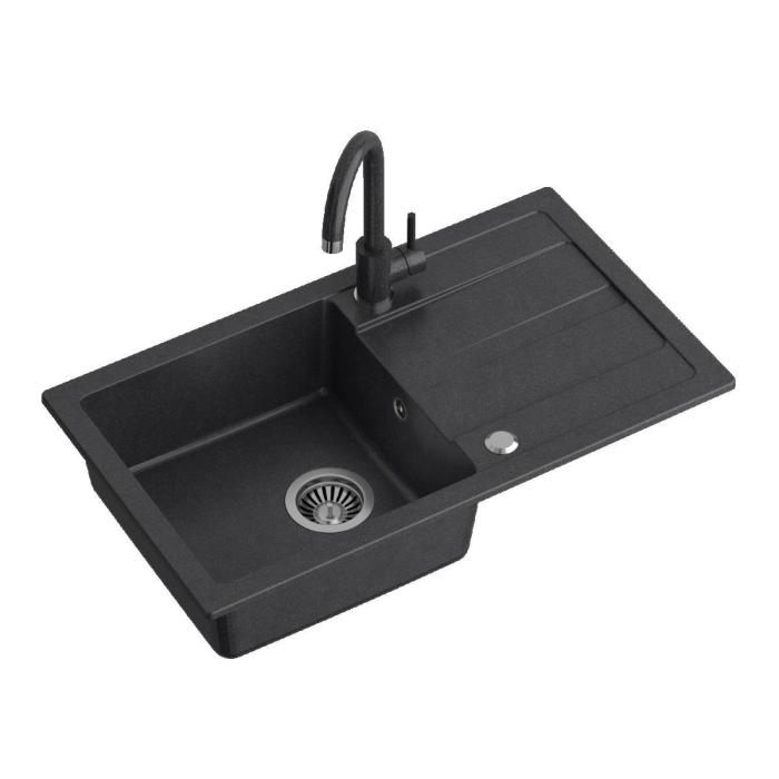 GO- MAX CZARNY zlewozmywak granitowy 1-k z/o (77x44x17,5) z bateria w kolorze i syfonem manualnym z zaślepką