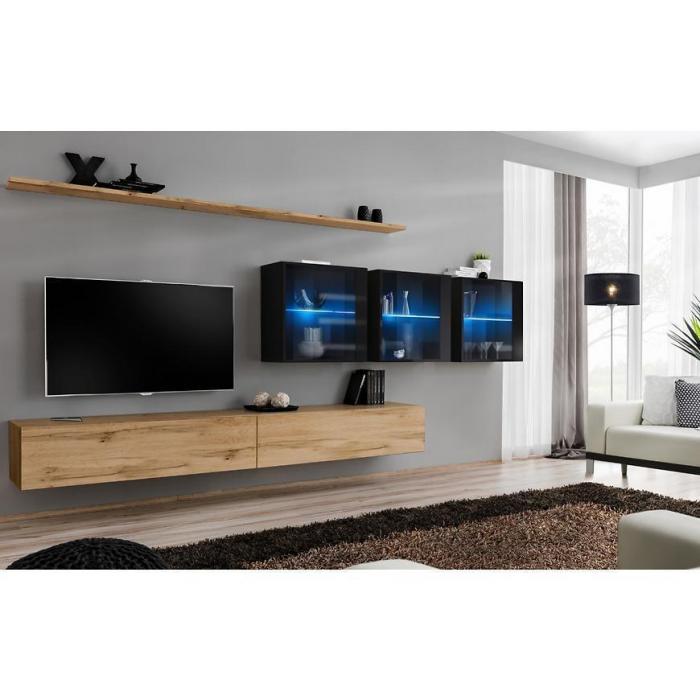 Meblościanka Switch XVII szkło + LED Wotan/Czarny