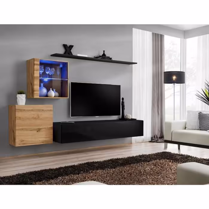 Meblościanka Switch XV szkło +LED wotan/czarny