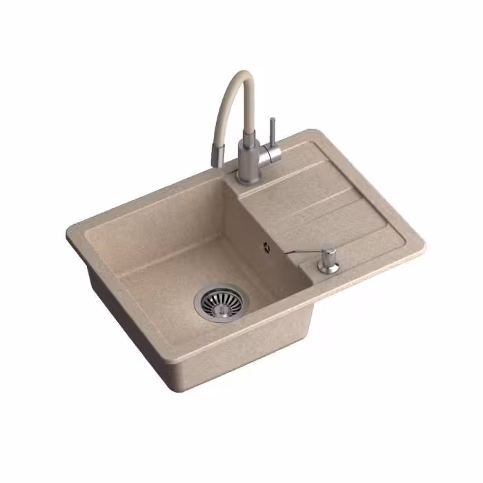 READY- SMART BEŻOWY zlewozmywak granitowy 1-k z/o (62x44x17,5) z baterią z elastyczną wylewką, dozownikiem stalowym i syfonem