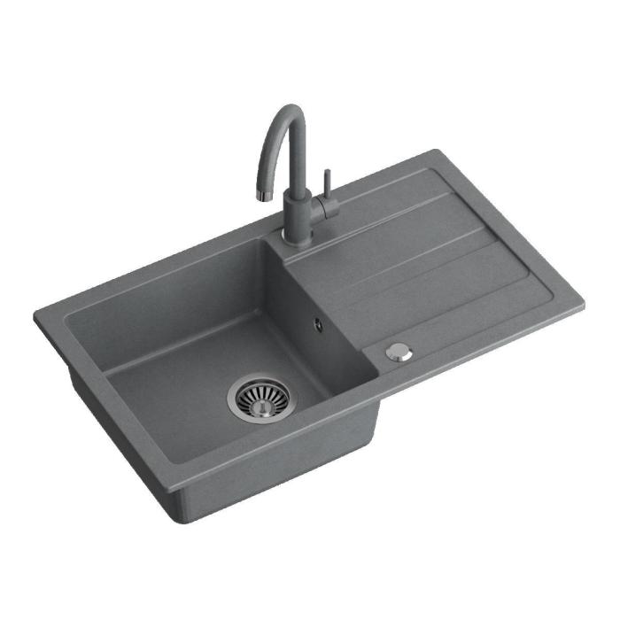GO- MAX SZARY zlewozmywak granitowy 1-k z/o (77x44x17,5) z baterią w kolorze i syfonem manualnym z zaślepką