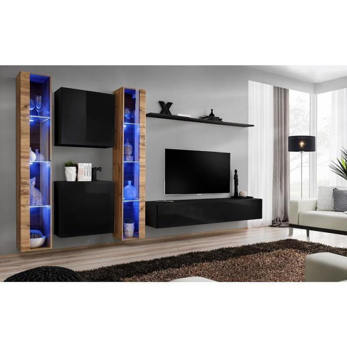 Meblościanka Switch XVI szkło + LED Wotan/Czarny