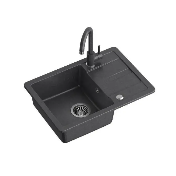 GO- SMART CZARNY zlewozmywak granitowy 1-k z/o (62x44x17,5) z baterią w kolorze i syfonem manualnym z zaślepką