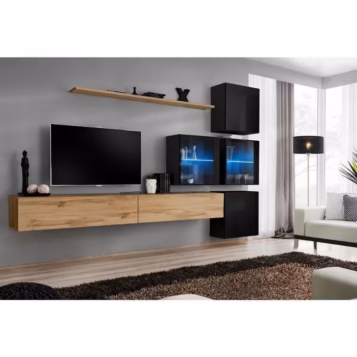 Meblościanka Switch XIX szkło + LED Wotan/Czarny