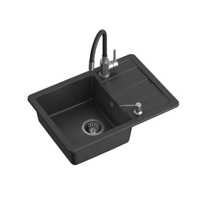 READY- SMART CZARNY zlewozmywak granitowy 1-k z/o (62x44x17,5) z baterią z elastyczną wylewką, dozownikiem stalowym i syfonem