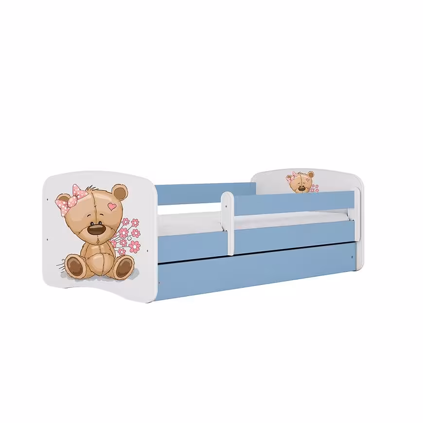 Łóżko dziecięce z materacem i szufladą Babydreams Niebieski 80x180 Miś Kwiatki