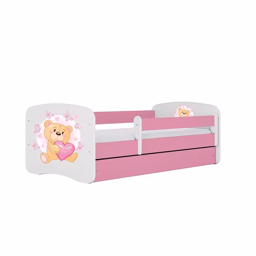 Łóżko dziecięce z materacem i szufladą Babydreams Różowe 80x160 Miś Motyl