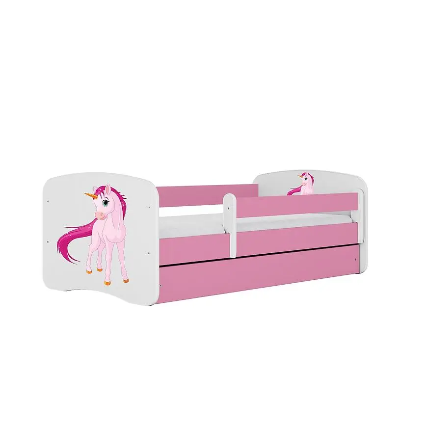 Łóżko dziecięce z materacem i szufladą Babydreams Różowe 80x180 Jednorożec