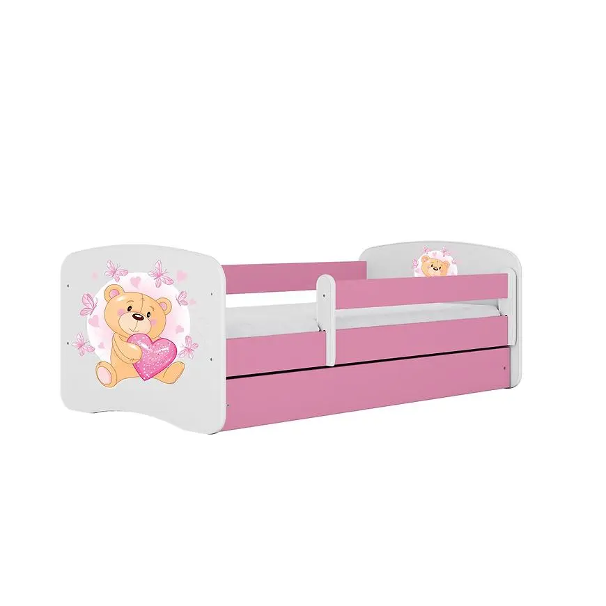 Łóżko dziecięce z materacem i szufladą Babydreams Różowe 80x180 Miś Motyl