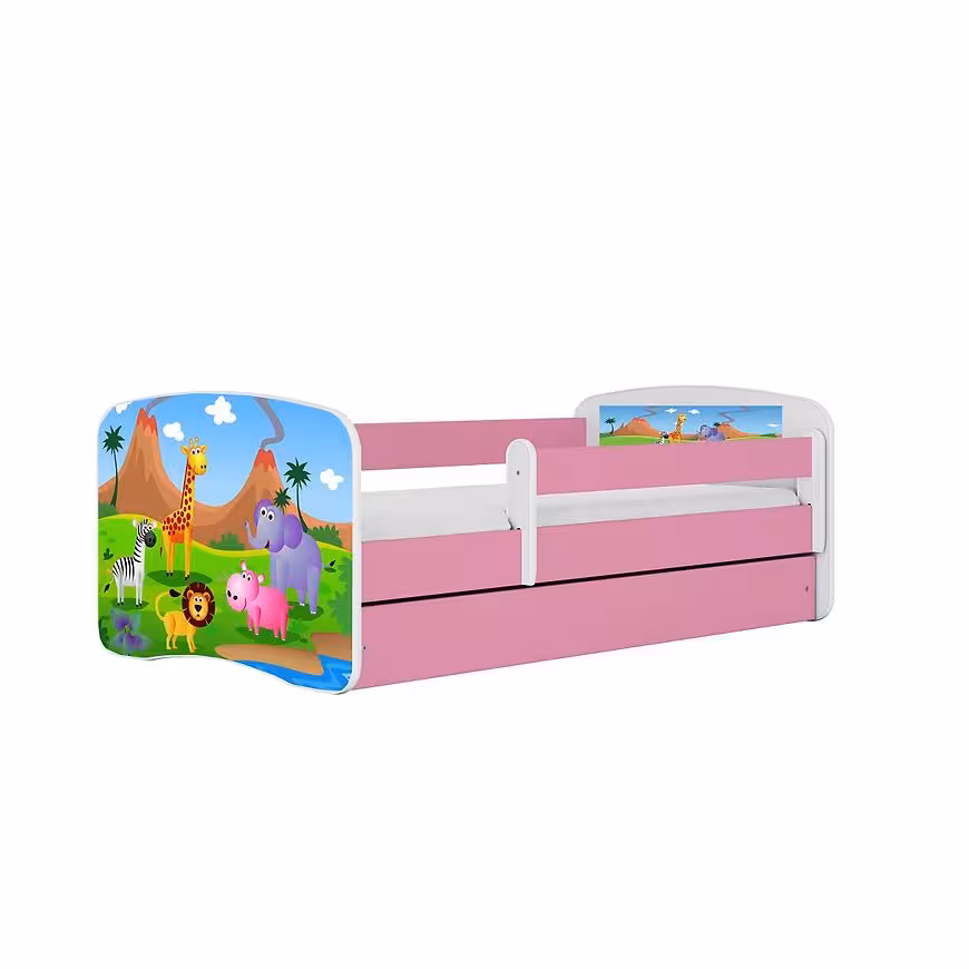 Łóżko dziecięce z materacem i szufladą Babydreams Różowe 80x180 Safari