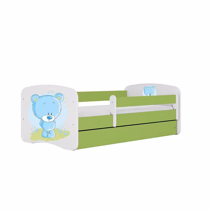 Łóżko dziecięce z materacem i szufladą Babydreams Zielone 80x180 Miś Niebieski