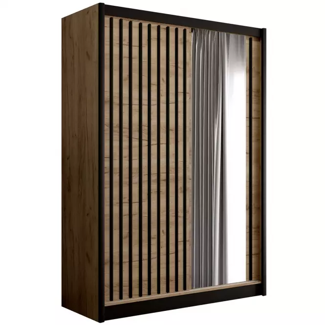 Szafa dwudrzwiowa z lustrem Ladder 150 dąb craft/lamele czarne