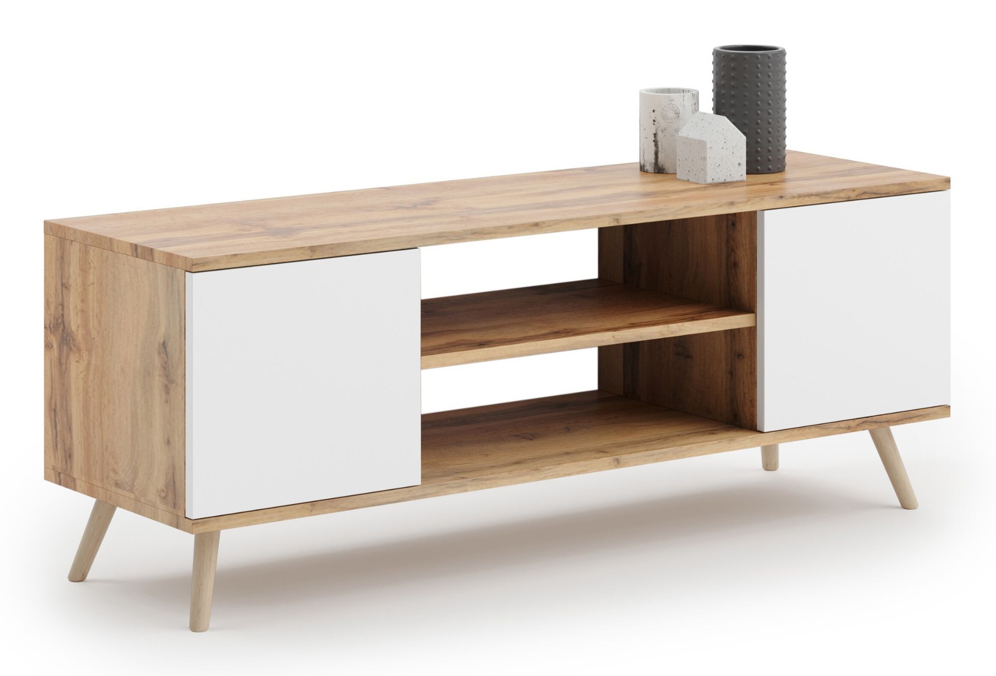 Szafka RTV 155 cm skandynawska dąb craft złoty - biel